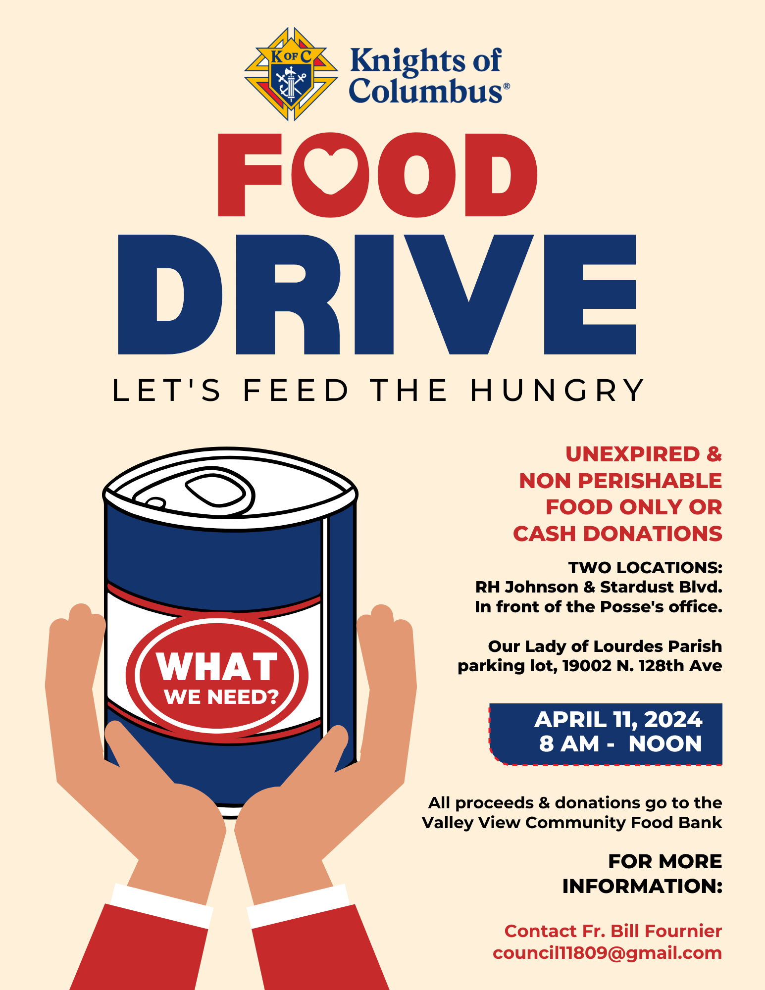 K of C 11809 Spring Food Drive, April 11, 2024 from 8 AM to 12 Noon.