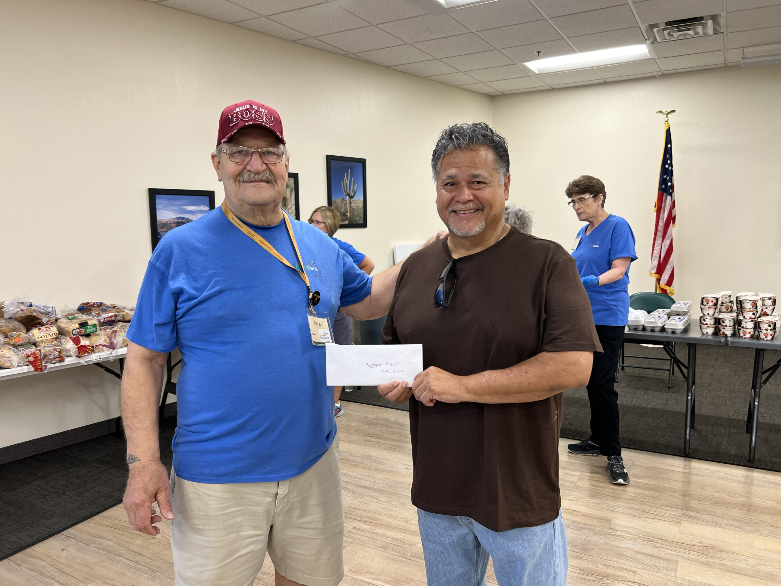 Photo of the $1,475 check presentation on June 13, 2024, to Jesse Ramirez, Executive Director of Valley View Community Food Bank, by SK Joe Kowalkowski.